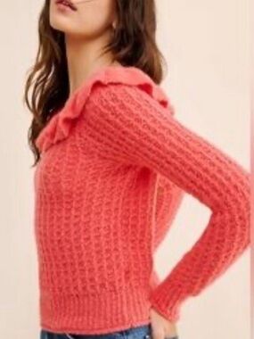 Anthropologie Red Ruffle Knit Sweater Lightweight Soft Chic, S